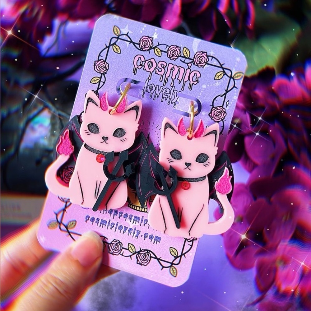 Pink Devil Cat Earrings with Black Wings